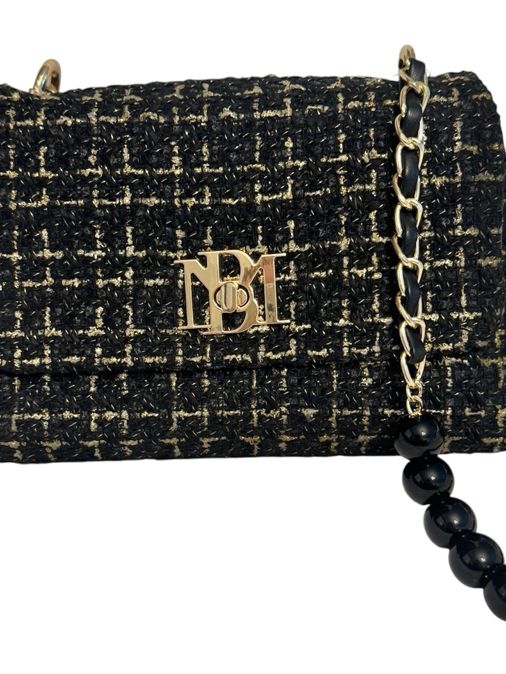 NWT Badgley Mischka Black &Gold Tweed  Faux Pearl accents Crossbody-$149